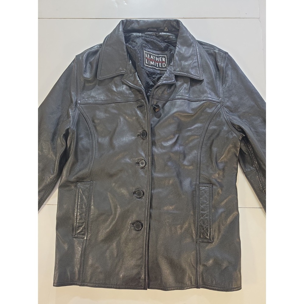 Vtg Leather Limited Black Leather Car Coat Jacket 2X Button Up Quilted Heavy